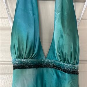 Elegant Teal Halter Dress with Beaded Waist